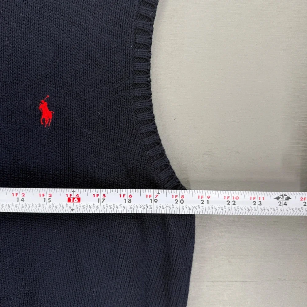 Polo Ralph Lauren Chunky‎ Sweater Vest Navy Blue Cotton V-Neck Red Pony Large
